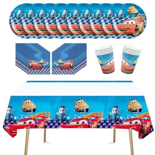Cars Partygeschirr Set, 41 Stück Autos Pappteller Kindergeburtstag, Cars Geburtstag Ceschirr, Becher, Tischdecke, Servietten, Geburtstag Auto Party Set für Jungen, 10 Gäste