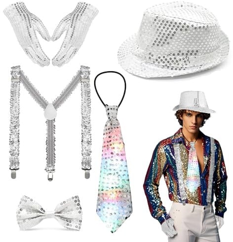 6 Stück Glitzer Outfit Herren 70er Jahre Mit LED-Krawatte, Pailletten Herrenhut, Handschuhe, Hosenträger, Fliege - Accessoires für Fasching, Party, Dance Performance