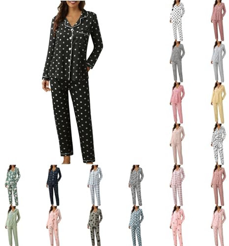 Ensembles De Pyjama Femme Manches Longues Col en V Sexy Boutonné Grande Taille Homewear Sleepwear Set Imprimé à Pois Chic Pyjama Confortable Pantalon Hiver Doux VêTements De Nuit 2 PièCes