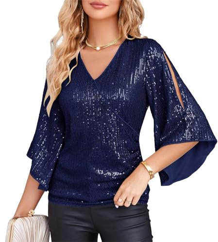 GRACE KARIN Damen Pailletten Vintage Top V-Ausschnitt Elegante Bluse 3/4 Ärmel Festliche Party Top Gltzer Abendmode Overteile Weihnachten Party Outfit Marineblaue Pailletten L