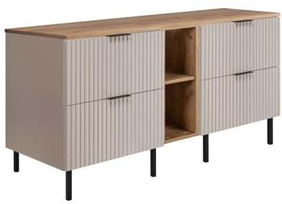 3E 3xE living.com Badezimmerschrank, Kaschmir/Eichenhandwerk + schwarzer Griff, 140 x 77 x 46 cm
