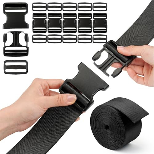TERLUNNSI Buckle Webbing Set 50 mm, 6 Yards Heavy Duty Black Nylon Webbing, 6 Pieces Quick Release Buckles, 12 Pieces Tri-Glide Slides, Robust Double Adjustable Backpack Buckle for Backpack DIY
