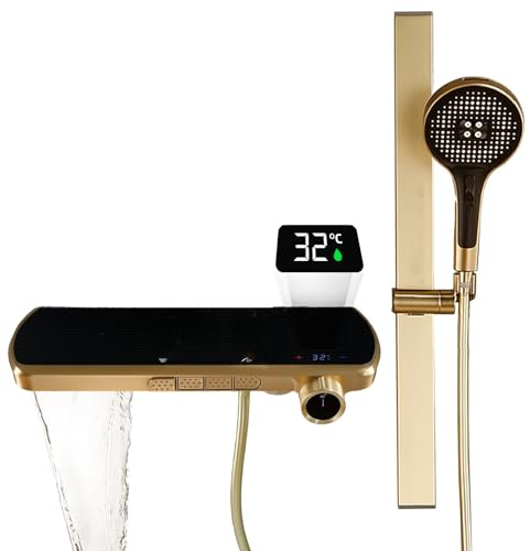 Badewannenarmatur mit Handbrause, Wannenarmatur à Affichage Numérique LED Duscharmatur mit Thermostat Wasserfall Wasserhahn Badewanne Höhenverstellbar Duschstange mit 4 Strahlarten Handbrause