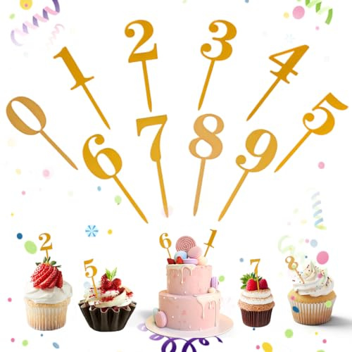 JRYXDS 10 Stück Nummer Cake Topper Zahlen 0-9 Geburtstag Tortendeko Kuchenstecker Cupcake Für Jeden Alters Geburtstagsfeiern Hochzeit Wiederverwendbar