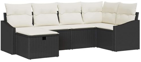 vidaXL 6-teiliges Garten-Sofa-Set mit Kissen in Schwarz aus Poly Rattan. Robuste Sitzgelegenheit für draußen. Stylisches, modulares Sofa für den Patio. Wetterfest und ideal für die Lounge im Garten.