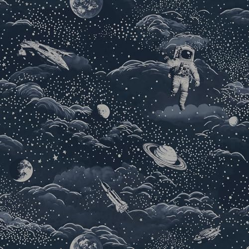 Lost in Space Fun and Charming, Astronauts, Spaceships, Stars and Planets Themed Stunning Kids, Nursery Room, Bedroom, Playroom Wallpaper Midnight Blue/Silver Holden 14051