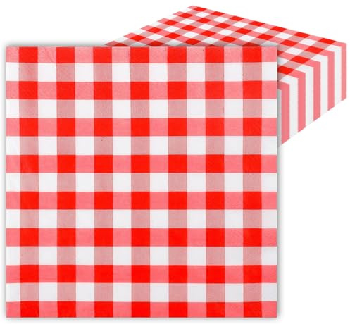 LOCCY 40 Stück Servietten, 33x33cm Papier Party Servietten Eukalyptus Gingham Serviette Einweg-Papierservietten Kommunion Tischdeko für Hochzeit, Kommunion, Geburtstag, Party (Set 4-Rot Gingham)