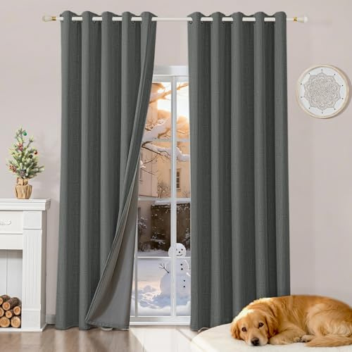 Runyéla 100% Verdunklungsvorhänge Leinen Gardinen mit Ösen, Thermovorhang | 2er Set, H245xB160 Grau, Leinenoptik Vorhang Blickdicht, UV-Schutz Wärmeisolierend Schallschutz Schlafzimmer Wohnzimmer