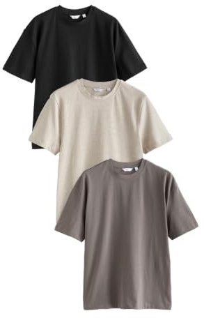 NEXT Herren Schwere Relaxed Fit T-Shirts im 3er Pack Black/Brown/Light Neutral S