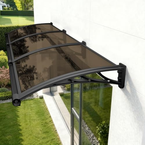 Vordach für Haustür, Überdachung Haustür mit Waschbecken aus Aluminium fur Markisen Fenster Türen Außenbereiche UV- Regen- Schnee- Sonnenschutz,Schwarz Platte-Braun PC Halterung 100x300cm