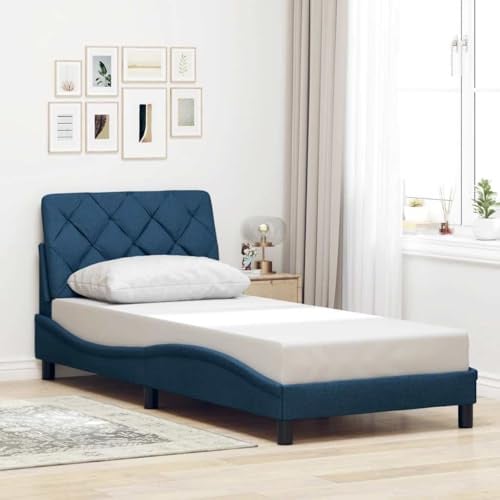 QJBSAVVA Jugendbett 80x200 cm in Blau, Stoffbett mit Kopfteil & Lattenrost, wellenförmiges Single Bed für Schlafzimmer Jugendzimmer Gästezimmer, 218 x 85 x 74,5 cm
