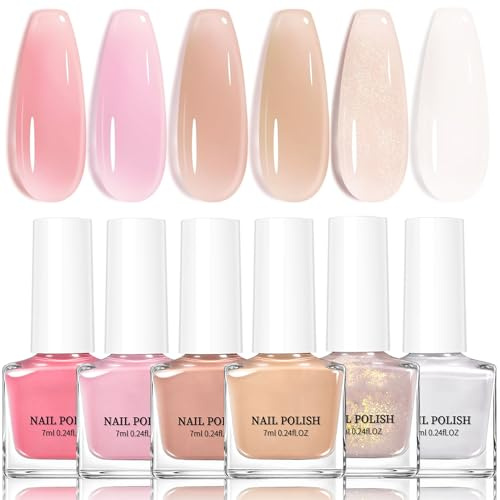 DMQ Jelly Nail Polish Set, 6 Colours Quick Dry Nail Varnish Kit, Nude Shimmer Giltter Nails Sheer Pink Gel Polish Kit, Clear Crystal Translucent French Manicure Nail Gel for Nail Art DIY Design