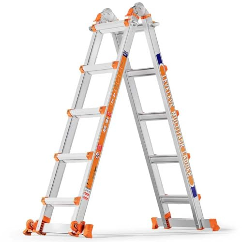 Échelle Polyvalente à 5 Niveaux, 5,18 m, avec Tige Stabilisatrice et Roues, Capacité de Charge 150 kg, en Alliage d'Aluminium, pour Maison Intérieure et Extérieure, Toit
