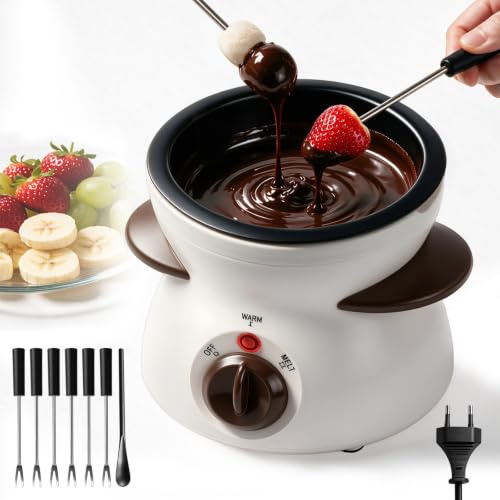 Elektrisk chokladfondue, 250 ml chokladfontän enhet 2 temperaturkontroll | Elektrisk chokladfondue-enhet med 6 metallgafflar och 1 blandningssked för choklad och beredning av chokladglasyr