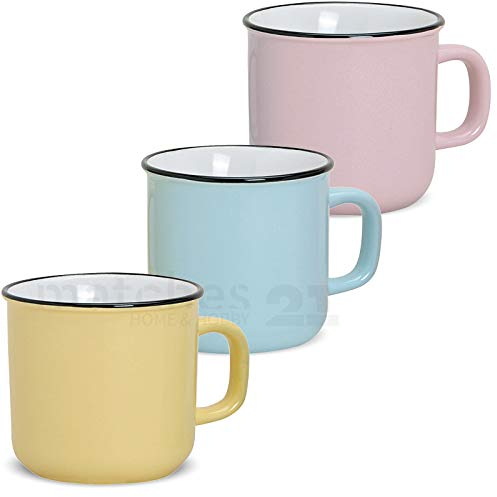Moderne Tassen 6er Set Vintage Emaille Optik in gelb, blau, rosa - Schönes 300 ml Keramik Tassenset für Kaffee, Cappuccino oder Teetassen - Süße Kaffeetassen spülmaschinenfest und mikrowellengeeignet