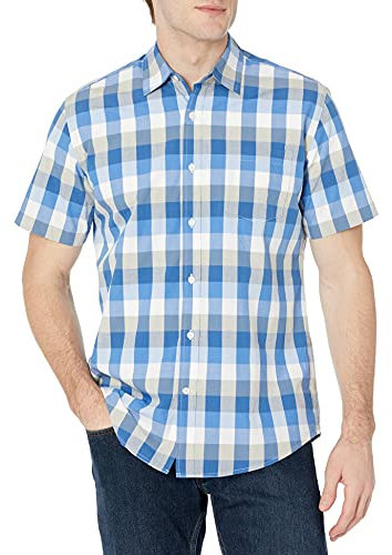 Amazon Essentials Men's Regular-Fit Short-Sleeve Poplin Shirt, Blue/Grey, L