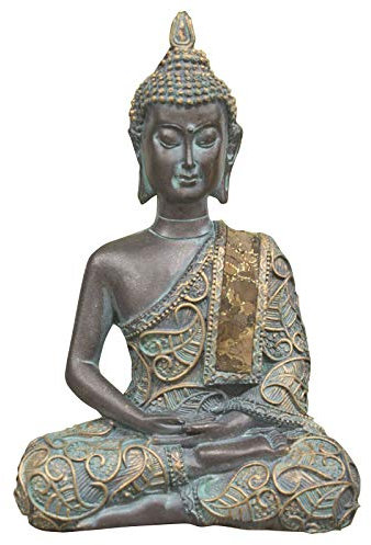 GerichteKeuze Sitzender thailändischer Meditation Buddha mit einem wunderschönen Bodhi-Baum-Gewand. 15 cm Antik Finish