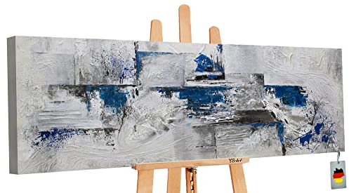 YS-Art Abstrakt Acryl Gemälde auf Leinwand handgemalt Abstraktion III Wandbilder Wohnzimmer moderne grau blaue Apartment Wohndekor Bilder echte Kunst 150x50 cm