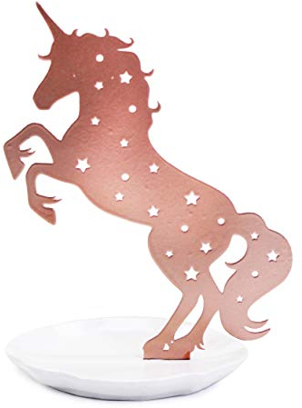 Bewaltz Présentoir à bijoux licorne - Tour à bijoux, boucles d'oreilles, collier, bague, bracelet, présentoir à bijoux avec plateau, joli or rose moderne en forme de licorne, arbre à bijoux avec base