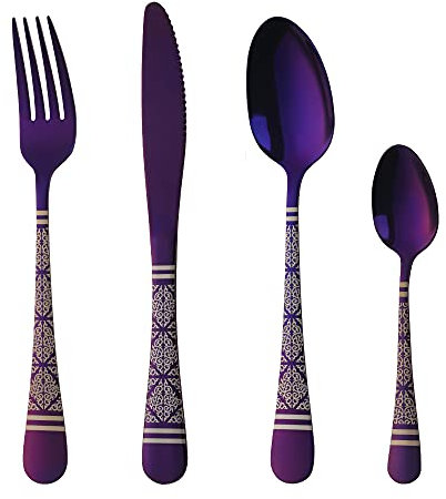 Cutlery Set, Buyer Star 16-Piece Stainless Steel Flatware Set, Laser Flower Pattern Tableware Silverware Set with Spoon Knife and Fork Set, Service for 4, Dishwasher Safe (Purple)