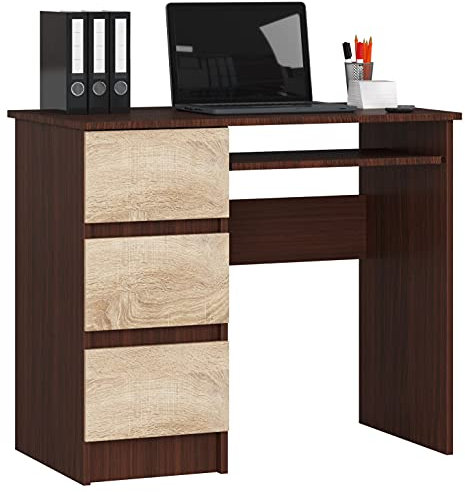 AKORD Schreibtisch A6 90 cm | 3 Schubladen Links | Schreibtisch | Bürotisch | Computertisch | Arbeitstisch | Laptoptisch | Bürmöbel | B90 x H77 x T50 cm | Gewicht 29,95 kg | Wenge/Sonoma Eiche