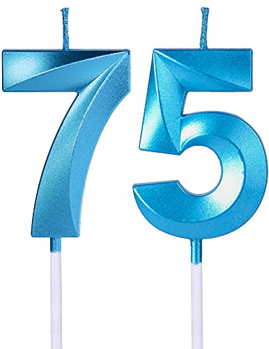 Blue 75th & 57th Birthday Candles for Cakes, Number 75 57 Glitter Candle Cake Topper for Party Anniversary Wedding Celebration Decoration