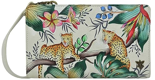 Anuschka Handbemalte Crossbody Organizer Börse aus Echtleder mit RFID-Schutz - Jungle Queen Ivory