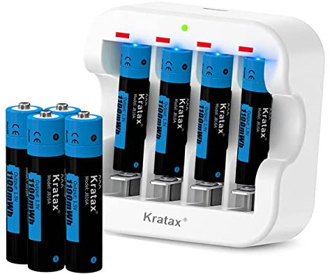 Kratax Rechargeable AAA Lithium 1.5V Batteries-Full Recharged 8-Pack with 1H Fast Charger for Household Office Device,1100mWh High-Capacity Long-Lasting,1600Cycles,Constant Output(8AAA+1Charger)