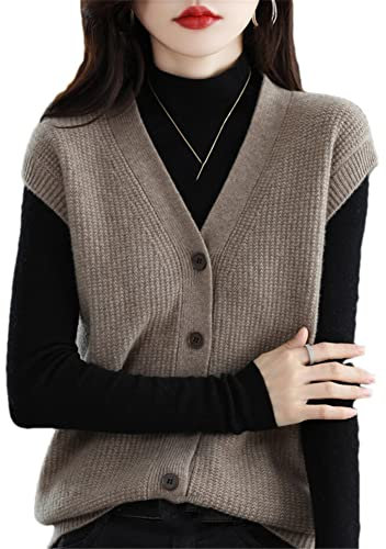 Damen 100% Kaschmir Cardigan Weste Solid Gestrickt Ärmellos Cardigan Pullover V-Ausschnitt Kurze Weste, Khaki9, 42