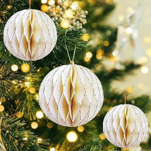 3 palline decorative per albero di Natale, decorazioni 3D a nido d'ape, in carta, da appendere, per feste di Natale, vacanze, albero, casa, aula, centro commerciale, hotel (bianco avorio)