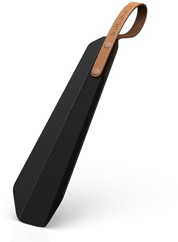 iQumo® Schuhlöffel klein mit Schlaufe aus Echtleder [20 cm] - Designer Schuhanzieher klein aus Stahl - moderner & ergonomisch geformter Schuhlöffel metall - stabiler Schuhanzieher metall - Schwarz