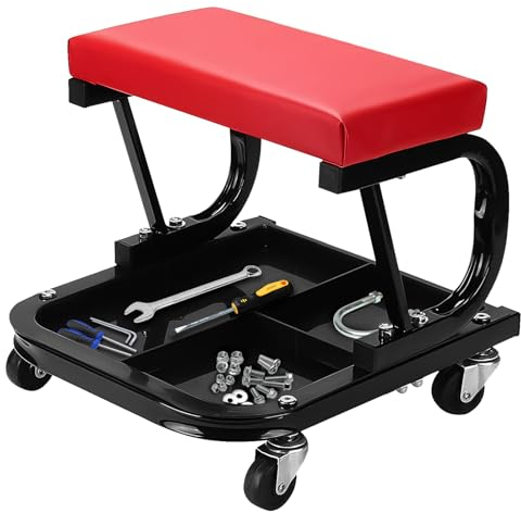 Rollender Mechaniker-Hocker, 150 kg Kapazität, weich gepolsterter Rollwagen mit Werkzeugablage, 4 Universalrollen, robuster Garagen-, Werkstattsitzstuhl, Rot