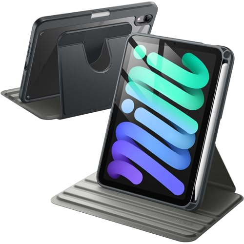 JETech Funda Giratoria para iPad Mini (A17 Pro, 2024 Modelo, 7.ª Generación) / Mini 6 (2021 Modelo, 6.ª Generación), Carcasa Soporte Rotación de 360 Grados Respaldo Clara (Gris Espacial)