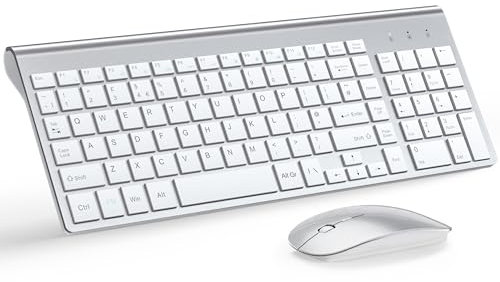 Wireless Keyboard and Mouse Ultra Slim Combo, TopMate 2.4G Silent Compact USB 2400DPI Mouse and Scissor Switch Keyboard Set with Cover, 2 AA and 2 AAA Batteries, for PC/Laptop/Windows/Mac-Silver White