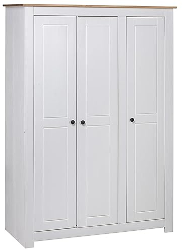 DJEKA Kleiderschrank 3-Türig Weiß Schlafzimmerschrank Garderobe Holzschrank Flurschrank Wohnzimmerschrank Lagerschrank 118×50×171,5 cm Kiefer Panama Serie
