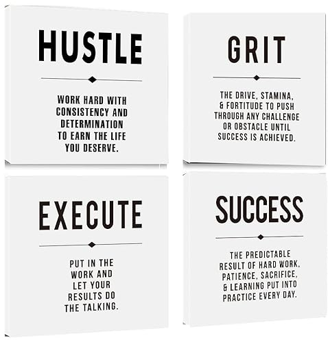 Motivational Grit Success Execute Hustle White Quotes Leinwandkunst, inspirierendes Wandkunst, Poster, Leinwand-Kunstdruck, gerahmt für Zuhause, Schlafzimmer, 12 x 12 x 4 Stück