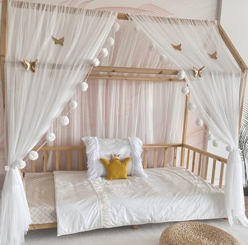 Baby Fancyroom Hausbett Himmel Betthimmel weiß/Ecru für Kinderbett Kinderzimmer Baldachin Bettvorhang Betthimmel für Mädchen Prinzessin Zimmer (ohne Schmetterlinge, 340cm)