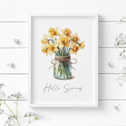 Hello Spring Print | Seasonal Wall Art | Daffodils In Mason Jar Illustration | Typography Poster | UNFRAMED