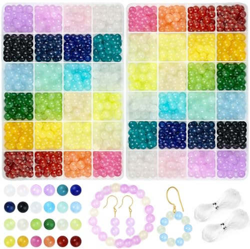 LEUCHTAMOR Rondes Perles de verre Colorées,1400 Pièces 24 Couleur Set de Perles de Verre,8mm Perles de Cristal Rondes Colorées pour DIY Bijoux Collier Boucles