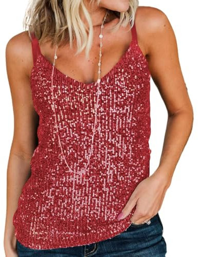AirMood Frauen Sexy U-Ausschnitt Sparkle Shimmer Tank Westen Pailletten Tops Disco Pailletten Tank, rot, M