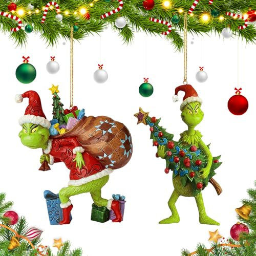 ZPQAODI 2 Stück Grinch Weihnachtsdekorationen, Grinch Hängende Ornament Weihnachtsbaum Deko Anhänger,Neujahr Ornament, lustige 2D Elfen Harz-grüne Christbaumschmuck für Zuhause Partys Deko