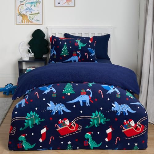 OHS Christmas Bedding Single, Kids Fleece Duvet Cover Super Soft Warm Winter Fleece Bedding Comfy Cosy Sherpa Reversible Quilt Kids Single Duvet Cover Set with Pillowcase, Navy Blue/Dino