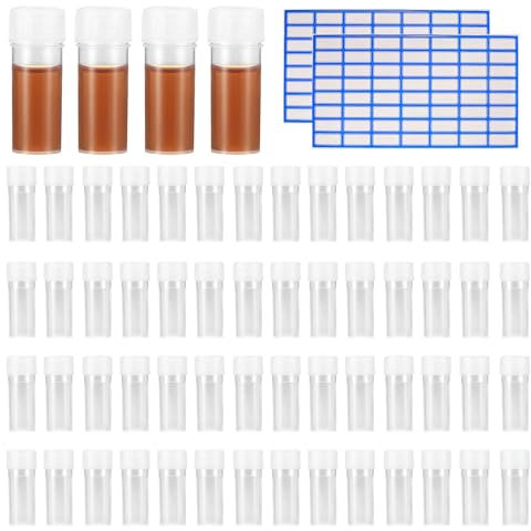 60 STK Probenröhrche 5ml, Transparent Reagenzglas, Kunststoff Reagenzgläser, Plastik Probenflaschen, Plastikröhrchen mit Deckel, Reagenzglasprobe Kryoröhrchen für Labor Experimente