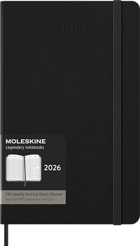 Moleskine Wochenplaner, Vertikaler Pro Wochenkalender 12 Monate 2025, Fester Einband und Gummibandverschluss, Farbe Schwarz, Größe Large 13x21 cm