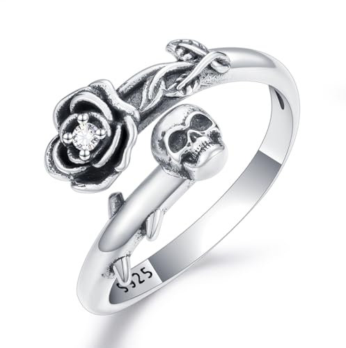 Shusukue Totenkopf Rosen Rings Damen 925 Sterling Silber Gothic Verstellbarer Skull Ring Halloween Totenkopf Schmuck Geschenke für Frauen Mädchen
