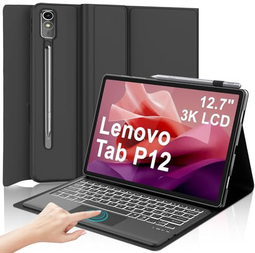 IVEOPPE Tastiera per Lenovo Tab P12 12.7 2023 con Touchpad, Custodia Cover Tastiera Trackpad Layout Italiano Rimovibile Retroilluminata Bluetooth per Lenovo Tab P12 12.7 Pollici 2023 TB370FU, Nero