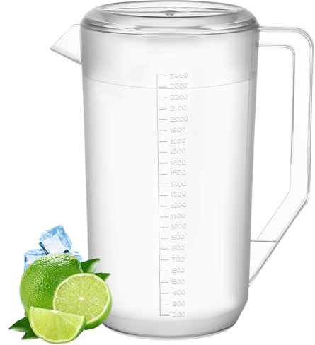 Plastic Jugs with Lid, 2.4 Litre Clear Water Pitcher with Scale and Handle, Unbreakable Beverage Pitchers Fridge Jugs for Milk Juice Iced Tea Lemonade