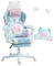 Silla de gaming linda con orejas y cojines Kawaii, silla ergonómica para juegos de ordenador para niñas con soporte lumbar y reposapiés, cómoda silla para videojuegos para adolescentes (azul rosa)