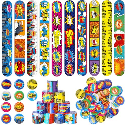 Junkin 60 Pcs Hero Party Favor Hero Slap Bracelets Comic Book Slap Bracelet for Kids Comic Book Mini Button Pin for Girl Boy Heroic Birthday Party Supplies Classroom Prizes Gift