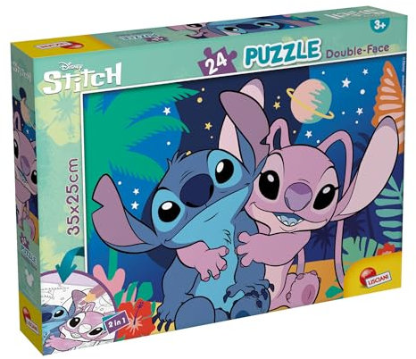 Lisciani - Puzzle DISNEY - LILO & STITCH MaxiPlus - Puzzle 24 piezas doble cara para niños 3+ - Dorso para colorear - Formato 25x35 cm - Actividad creativa - Regalo educativo